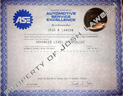 Josh Lawson PDXinspections L1 ASE Advanced Certification